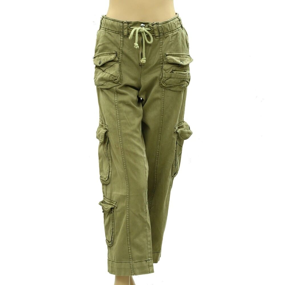 Free People Cargo Trousers Pants Low-Rise Denim Solid Smocked Cotton S 287480